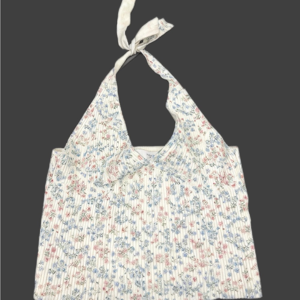 Women’s Floral Cropped Ribbed Tank - White with Blue & Pink Floral Design